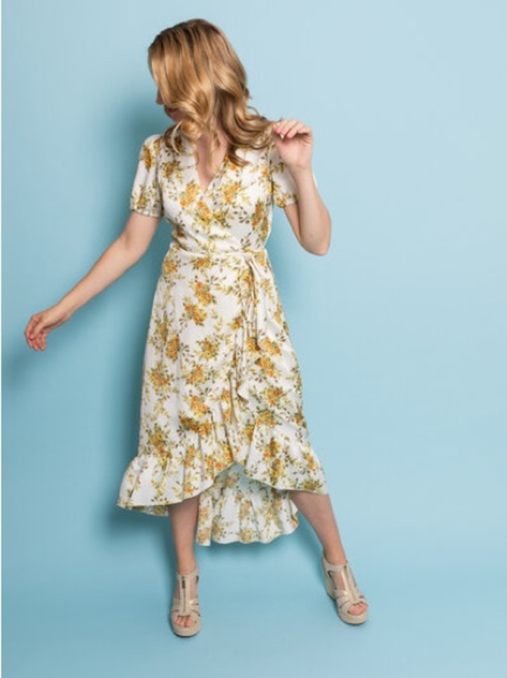 Leyden floral-print wrap midi dress with a ruffled high-low hem